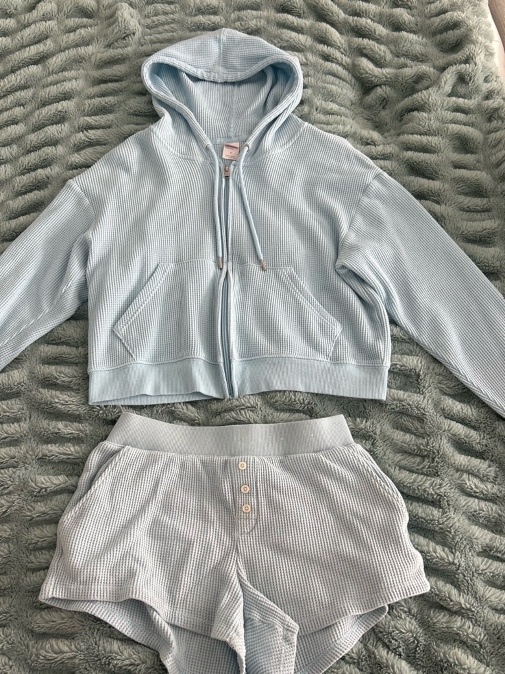 Light Blue Waffle Knit Hooded Zip Jacket & Shorts Set